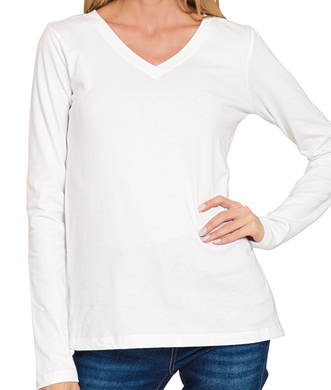 Cotton V~Neck Long Sleeve WHITE