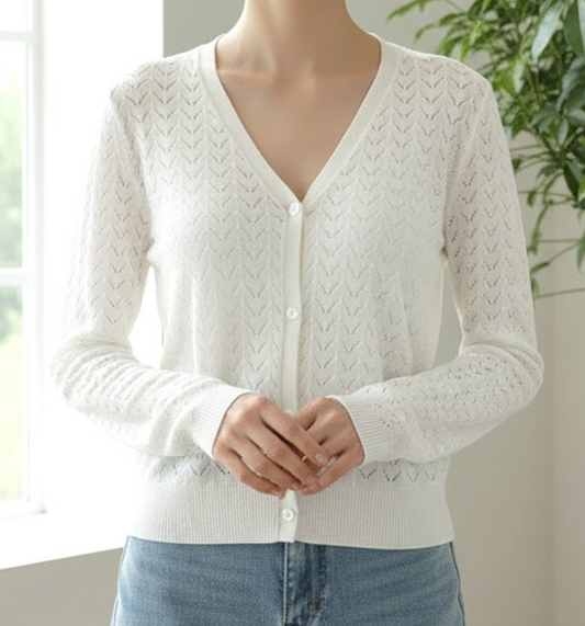 Pointelle Button Down Cardi WHITE