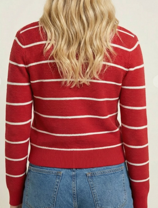 Bow Tie Striped Sweater Cardi RED