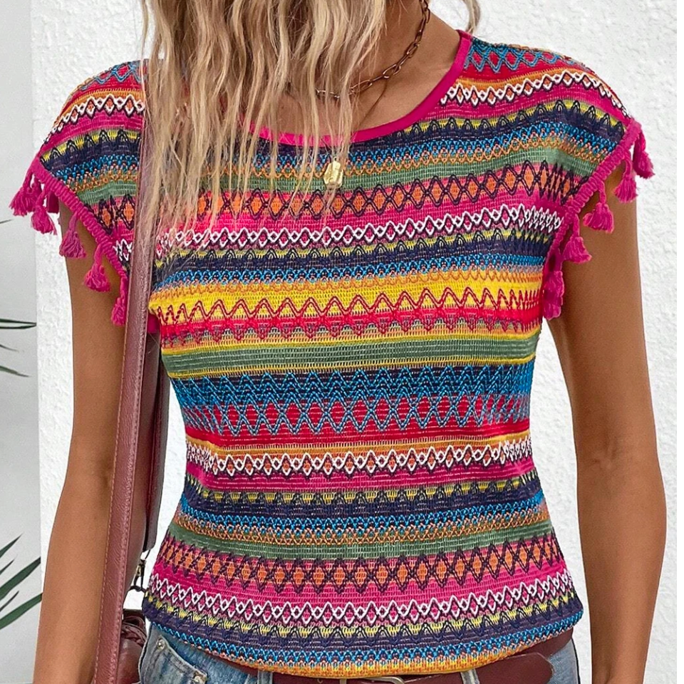 Jacquard Textured Tasseled Cap Sleeve