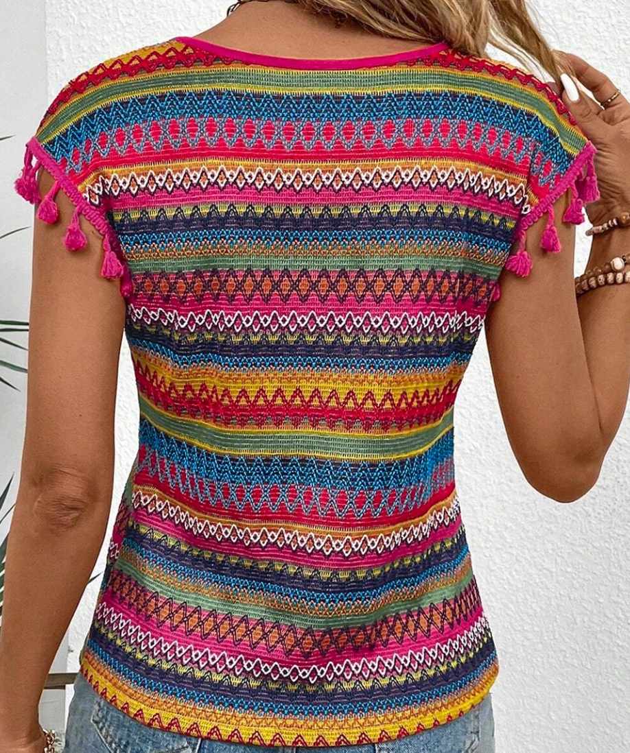 Jacquard Textured Tasseled Cap Sleeve