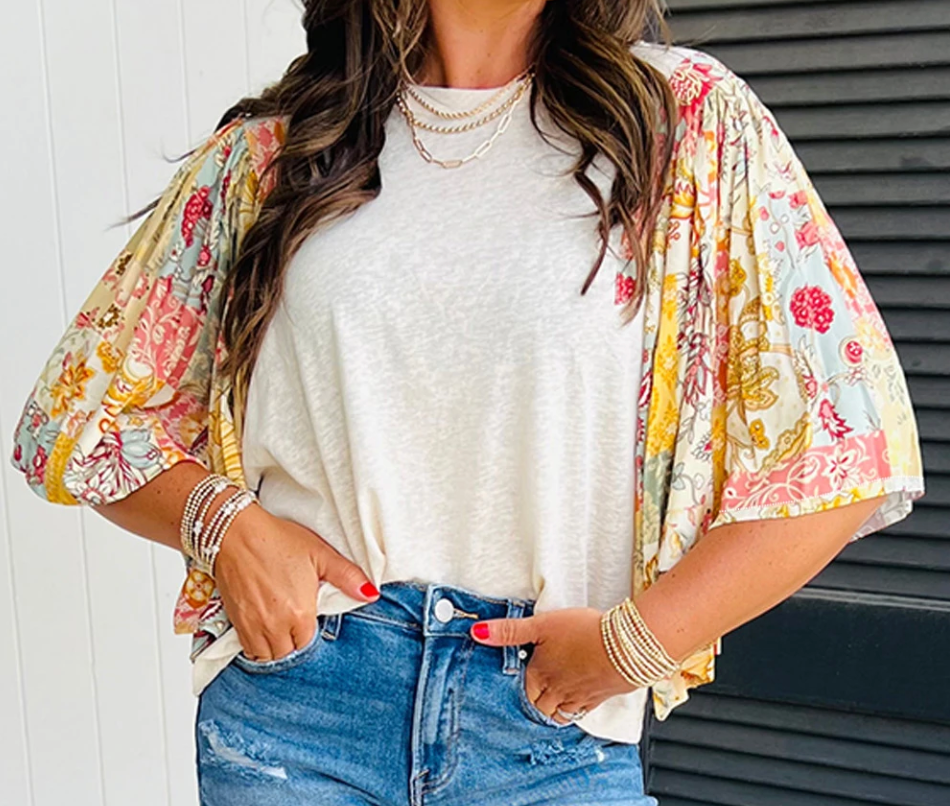 Floral Patchwork Batwing Sleeve IVORY