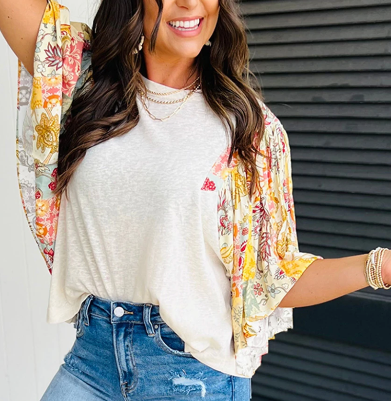 Floral Patchwork Batwing Sleeve IVORY