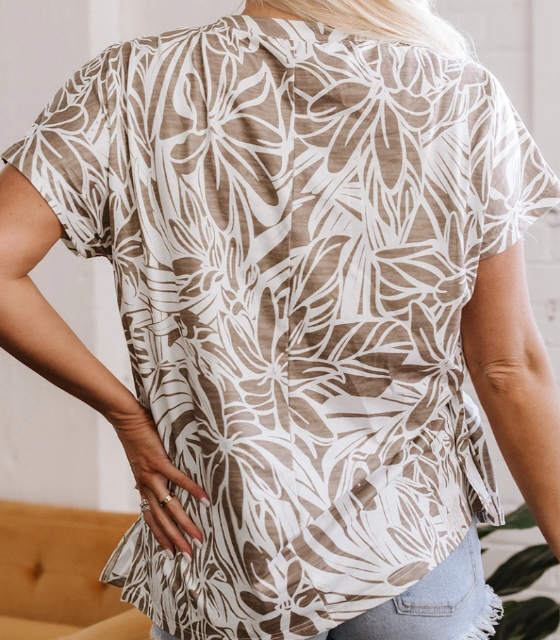 Floral V~Neck Blouse MUSHROOM