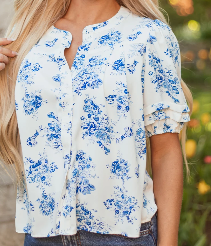Floral Tiered Puff Sleeve Pleated BLUE