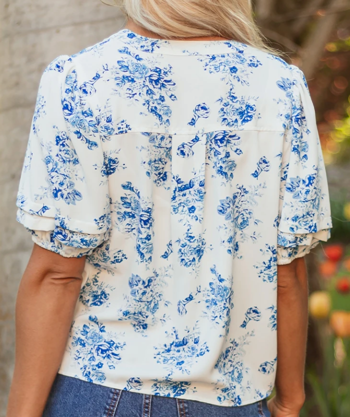 Floral Tiered Puff Sleeve Pleated BLUE