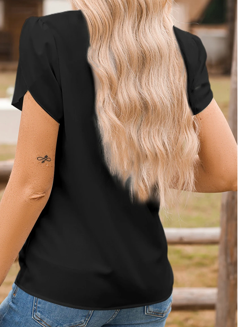 Silky Notched Neckline Petal Sleeve BLACK