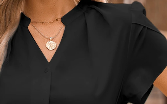 Silky Notched Neckline Petal Sleeve BLACK