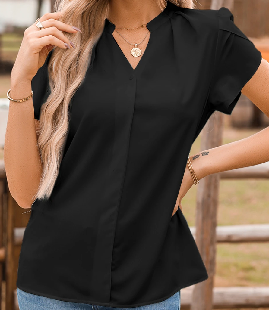 Silky Notched Neckline Petal Sleeve BLACK