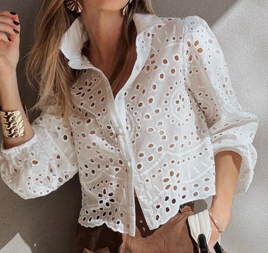 Eyelet Embroidered Puff Sleeve Crop WHITE