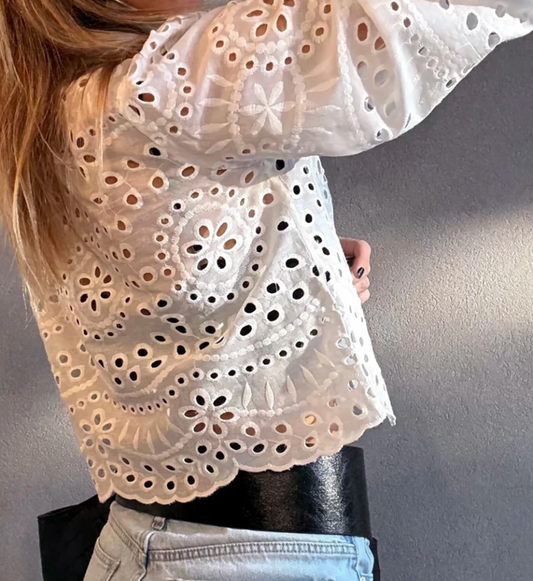Eyelet Embroidered Puff Sleeve Crop WHITE