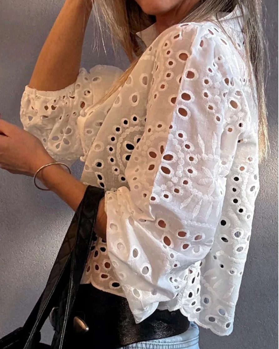 Eyelet Embroidered Puff Sleeve Crop WHITE
