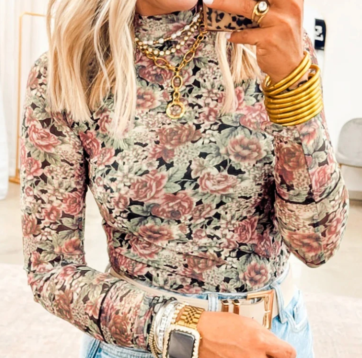 Retro Floral Mock Neck Mesh MAUVE