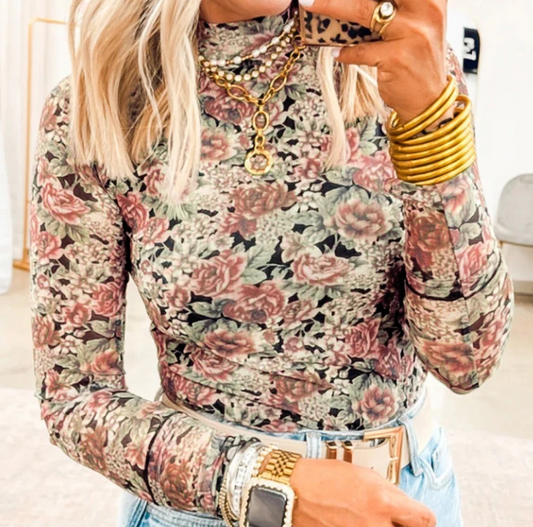 Retro Floral Mock Neck Mesh MAUVE