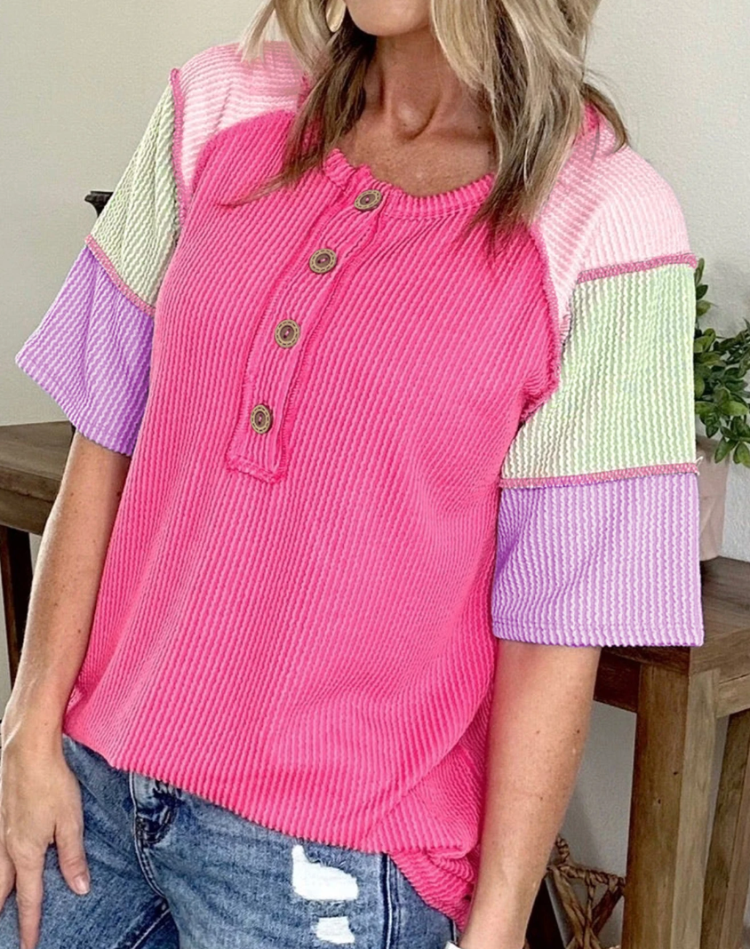 Ribbed Block Patchwork Henley PINK