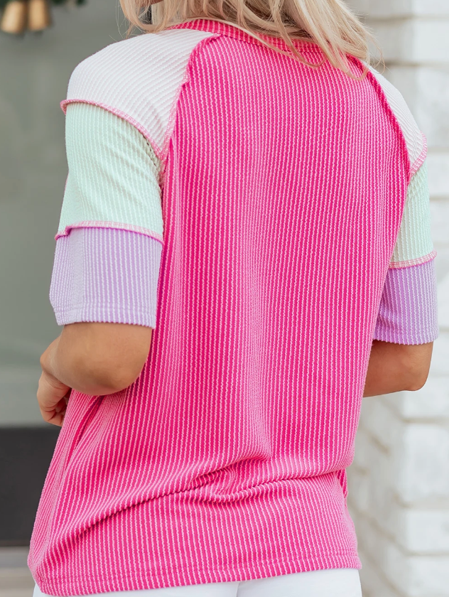Ribbed Block Patchwork Henley PINK