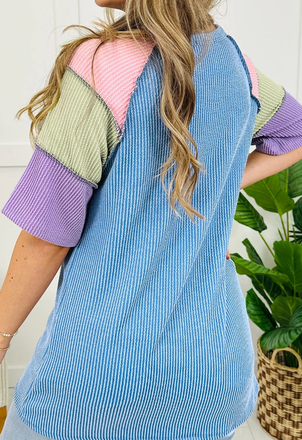 Ribbed Block Patchwork Henley BLUE