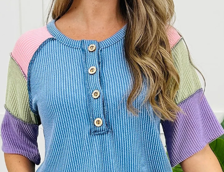 Ribbed Block Patchwork Henley BLUE