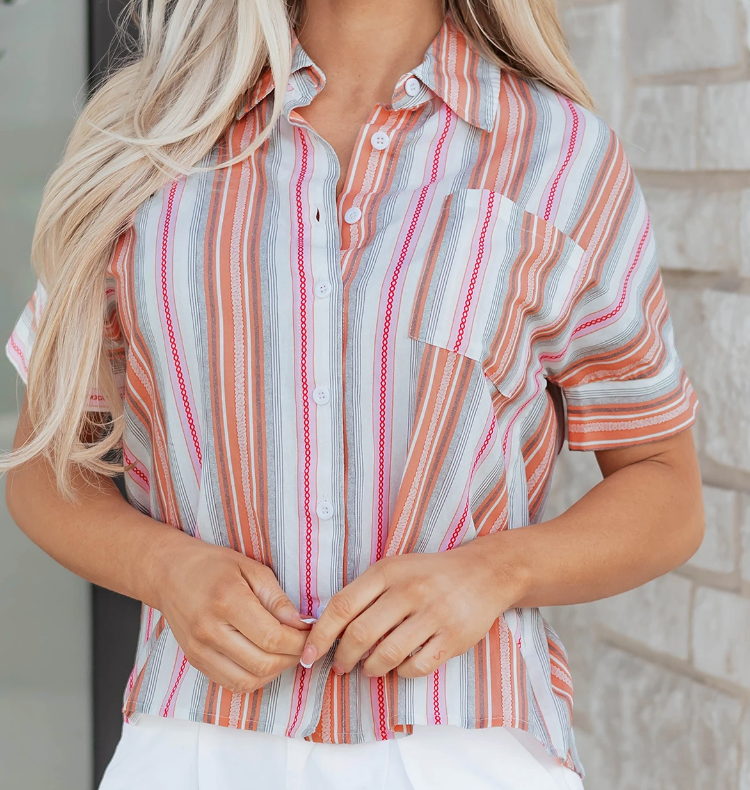 Stripe Button Up Short Sleeve PINK