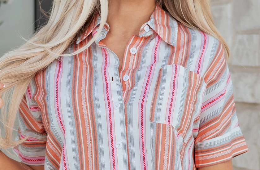Stripe Button Up Short Sleeve PINK
