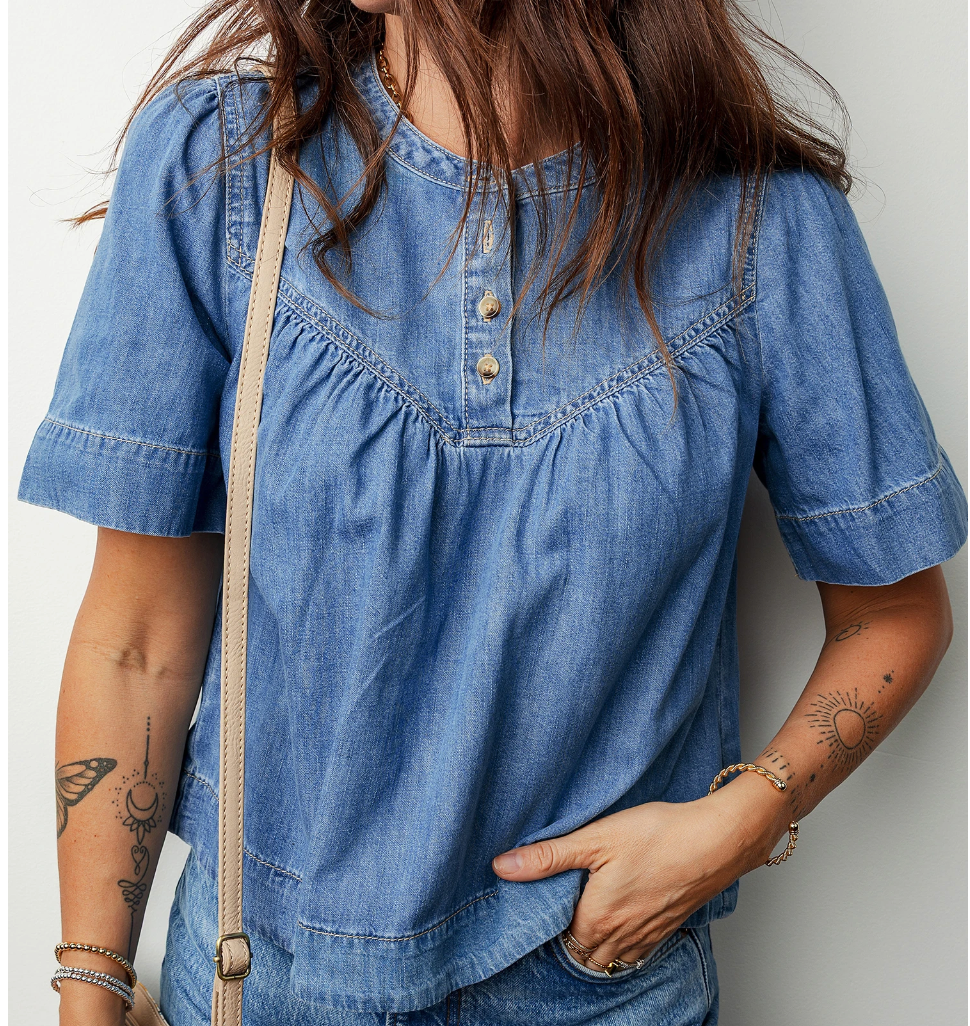 Denim Pleated Detail Half Button Blouse