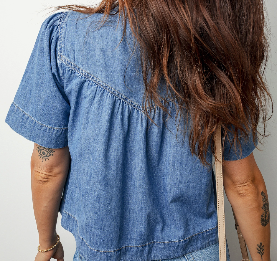 Denim Pleated Detail Half Button Blouse