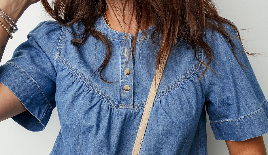 Denim Pleated Detail Half Button Blouse