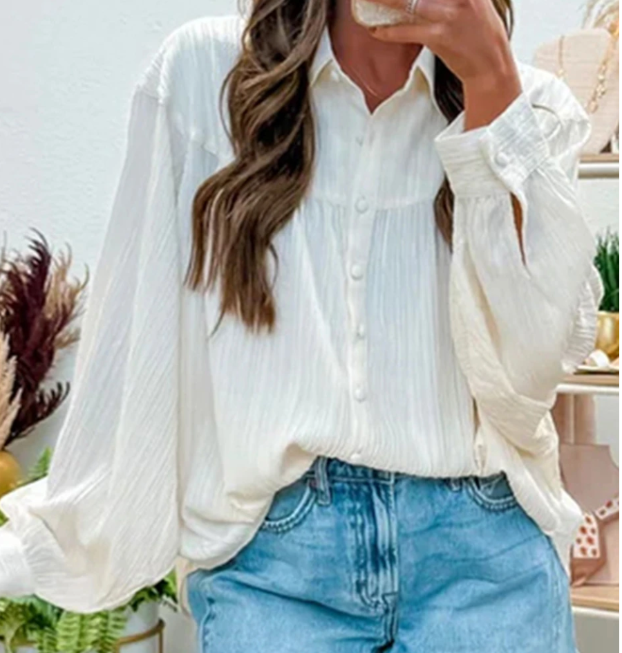 Crinkled Texture Lantern Sleeve WHITE