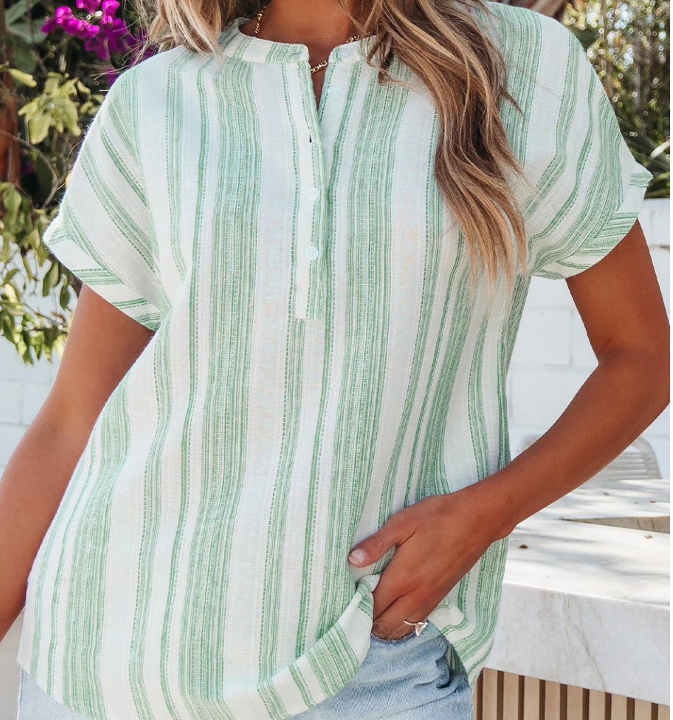 Stripe Gauze 1/2 Button Blouse GREEN