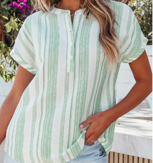 Stripe Gauze 1/2 Button Blouse GREEN
