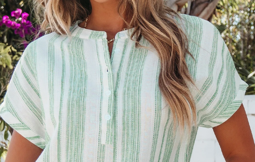 Stripe Gauze 1/2 Button Blouse GREEN