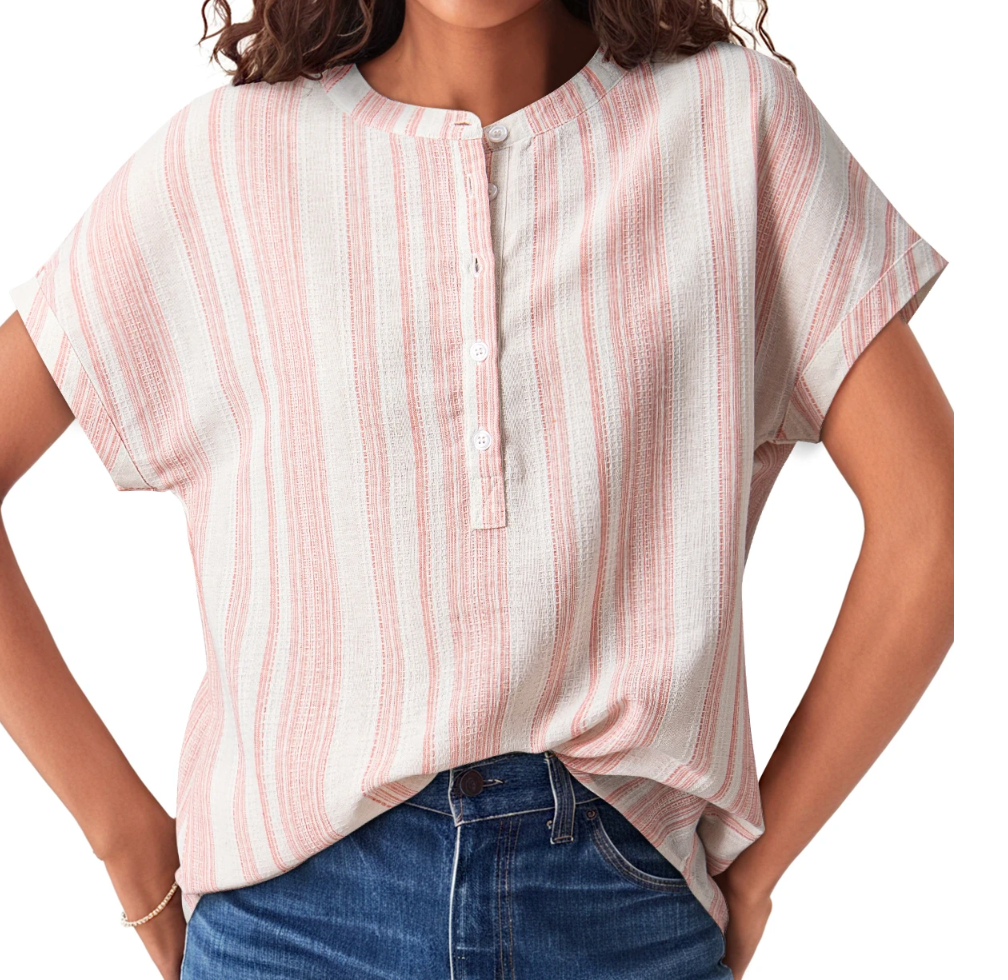 Stripe Gauze 1/2 Button Blouse RED