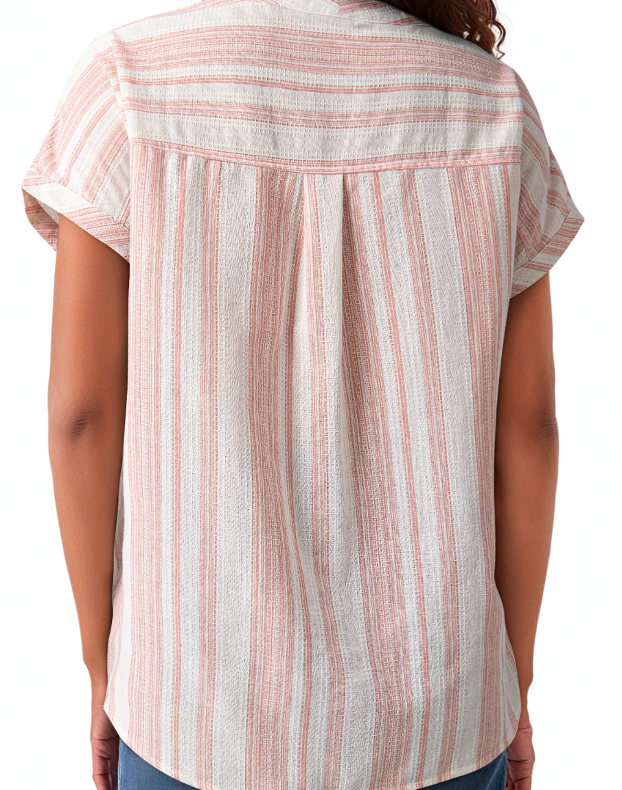 Stripe Gauze 1/2 Button Blouse RED