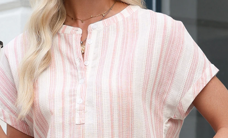 Stripe Gauze 1/2 Button Blouse RED