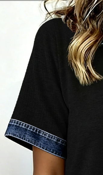 Denim Trim Waffle Polo Collar BLACK
