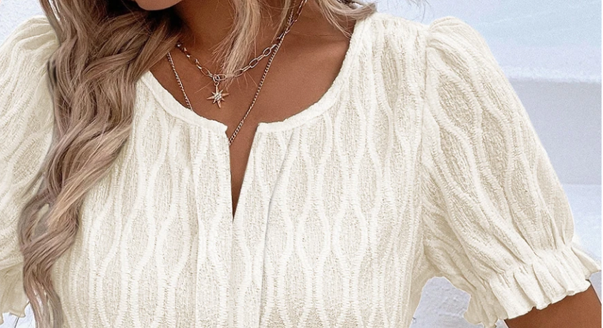 Texture Notch Neck Puff Sleeve Blouse BEIGE