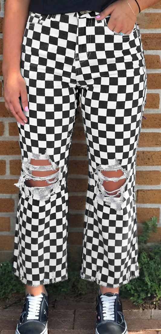 Checkered Distressed Cropped Jeans B&W