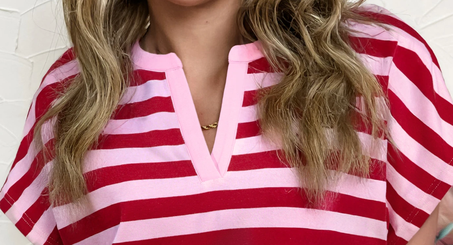 Stripe Split V~Neck PINK