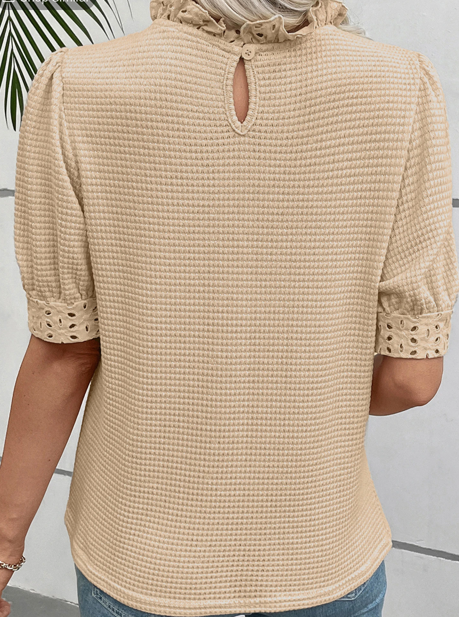 Textured Eyelet Ruffled Neck Blouse KHAKI