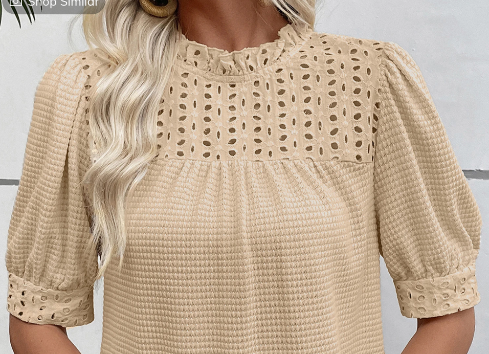 Textured Eyelet Ruffled Neck Blouse KHAKI
