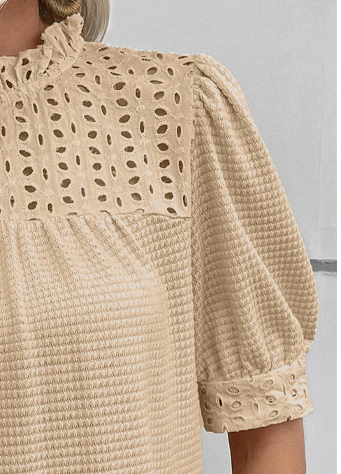 Textured Eyelet Ruffled Neck Blouse KHAKI