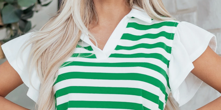 Stripe Collar V~Neck Ruffle KELLY