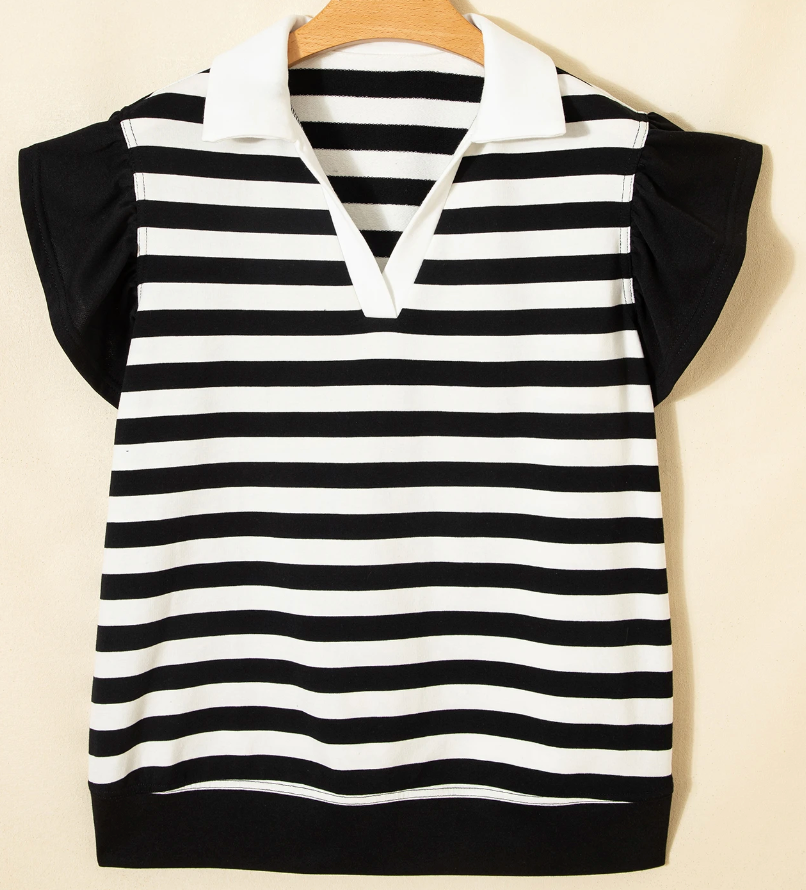 Stripe Collar V~Neck Ruffle BLACK