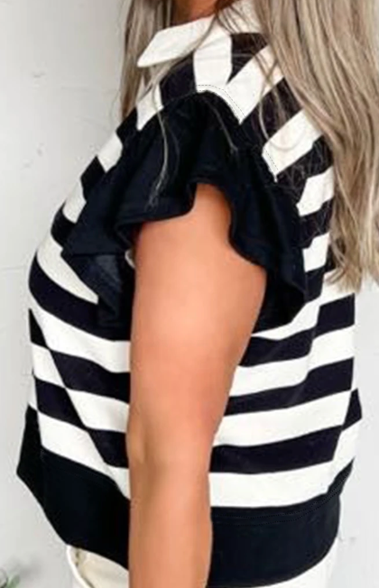 Stripe Collar V~Neck Ruffle BLACK