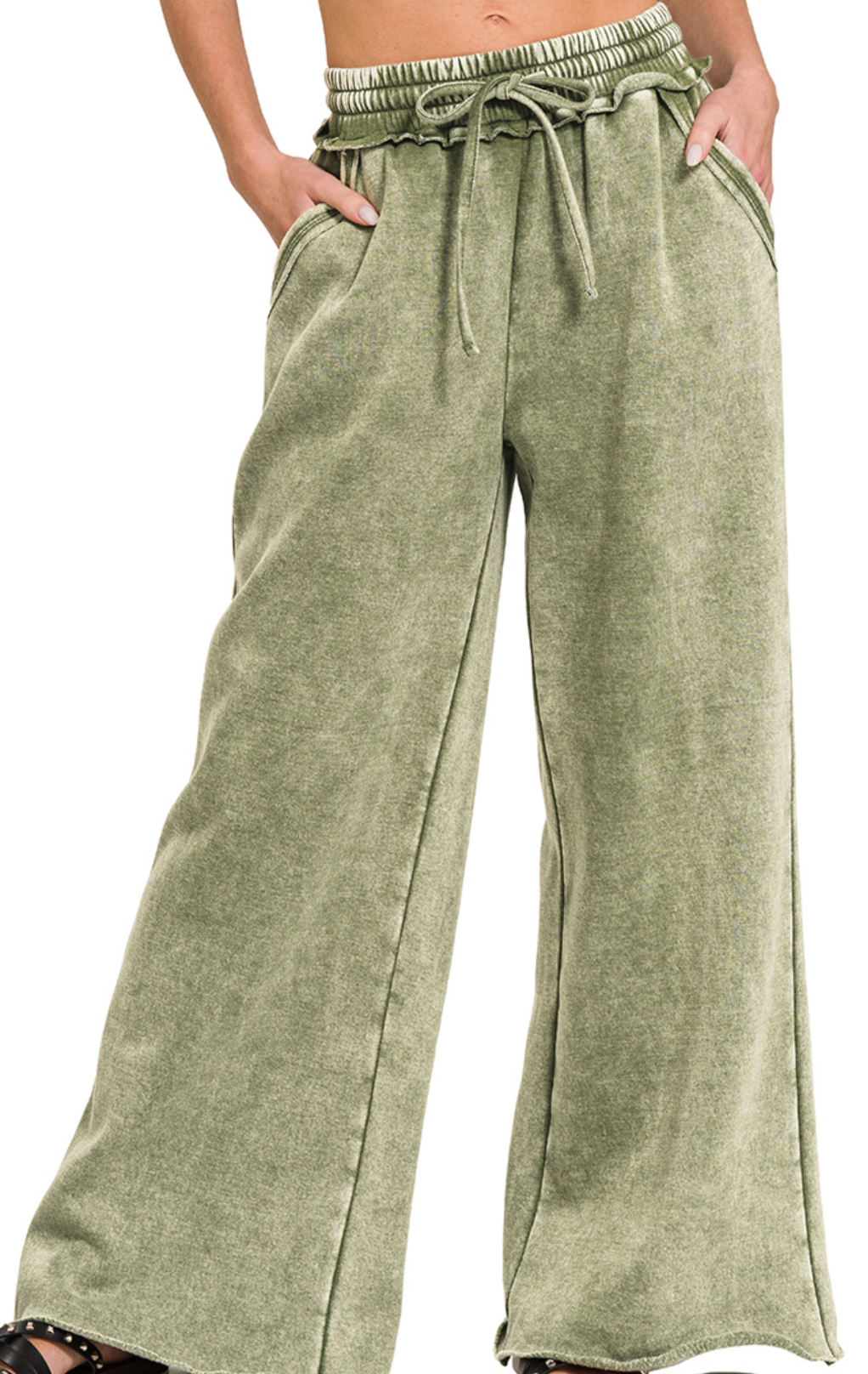 Acid Wash Palazzo Pants 30" OLIVE