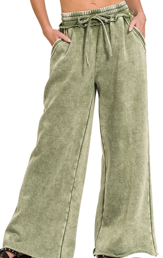 Acid Wash Palazzo Pants 30" OLIVE