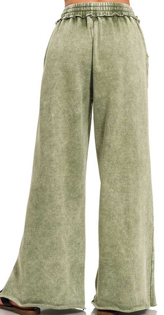 Acid Wash Palazzo Pants 30" OLIVE