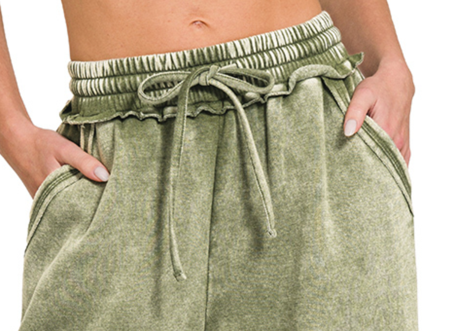 Acid Wash Palazzo Pants 30" OLIVE