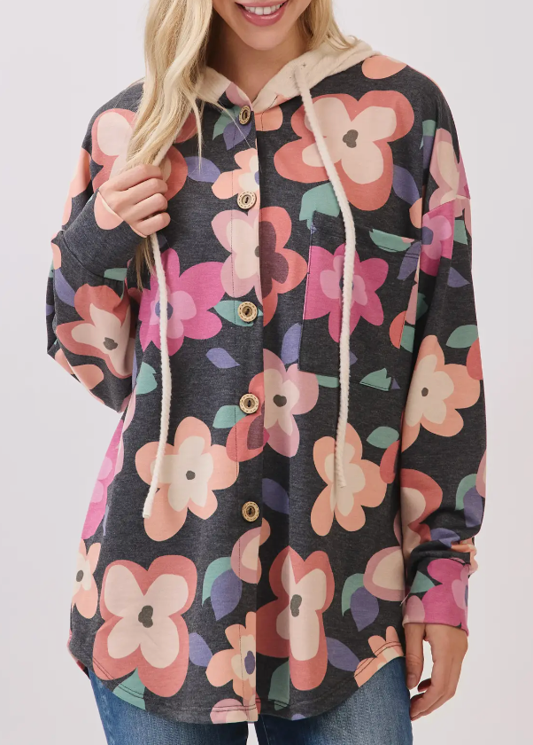 Floral Market Hoodie Shacket BLACK