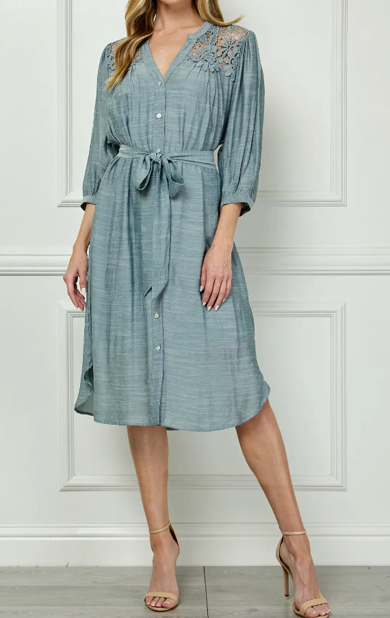 Lace Yoke Dress DUSTY BLUE